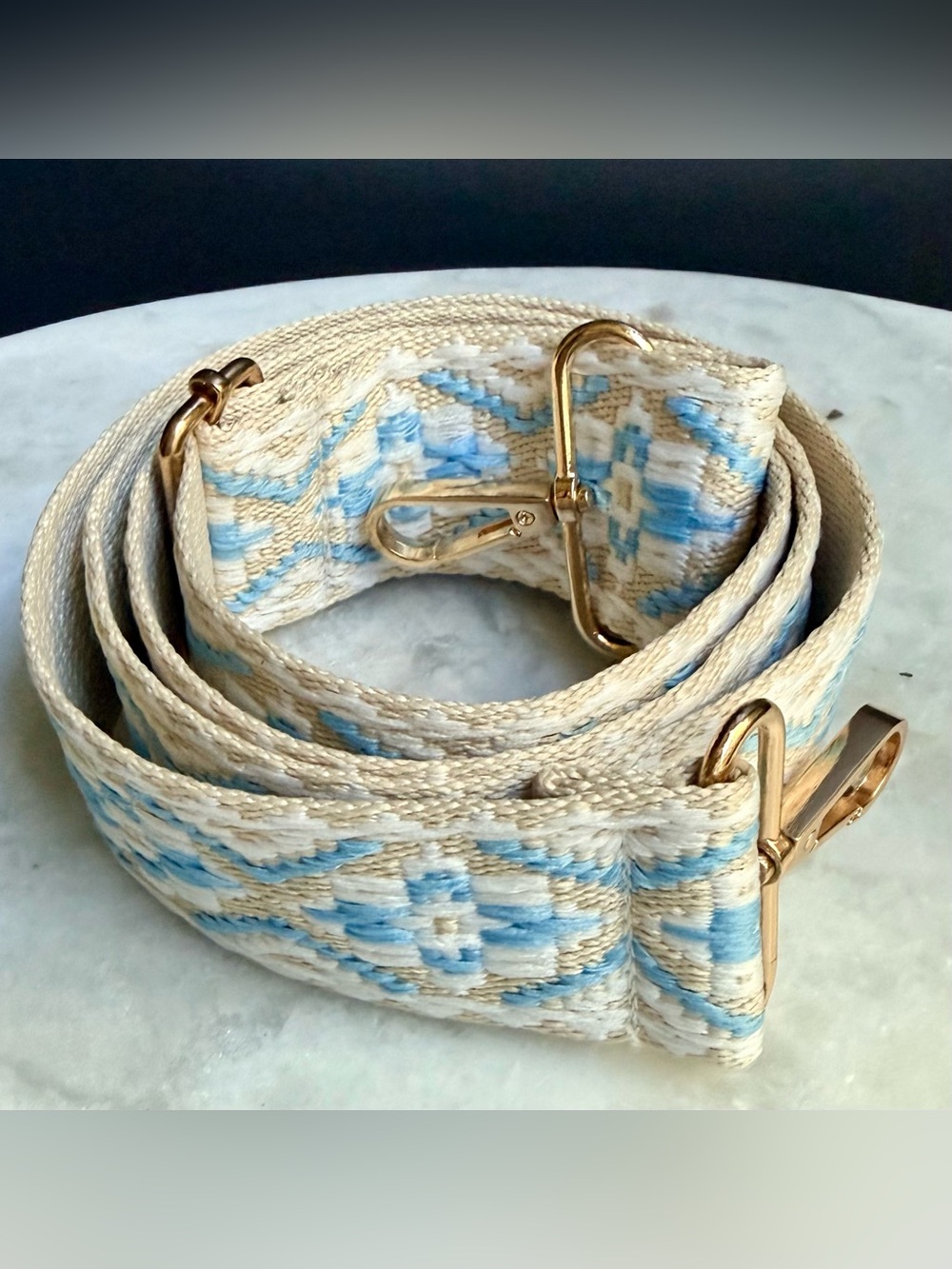 “Dancing Diamonds” Blue & Taupe Embroidered Handbag Strap
